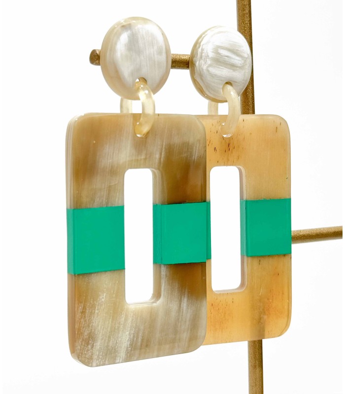 Boucles d'oreilles - corne naturelle - authentique - vert - rectangle - pendantes - actuel diffusion - grossiste