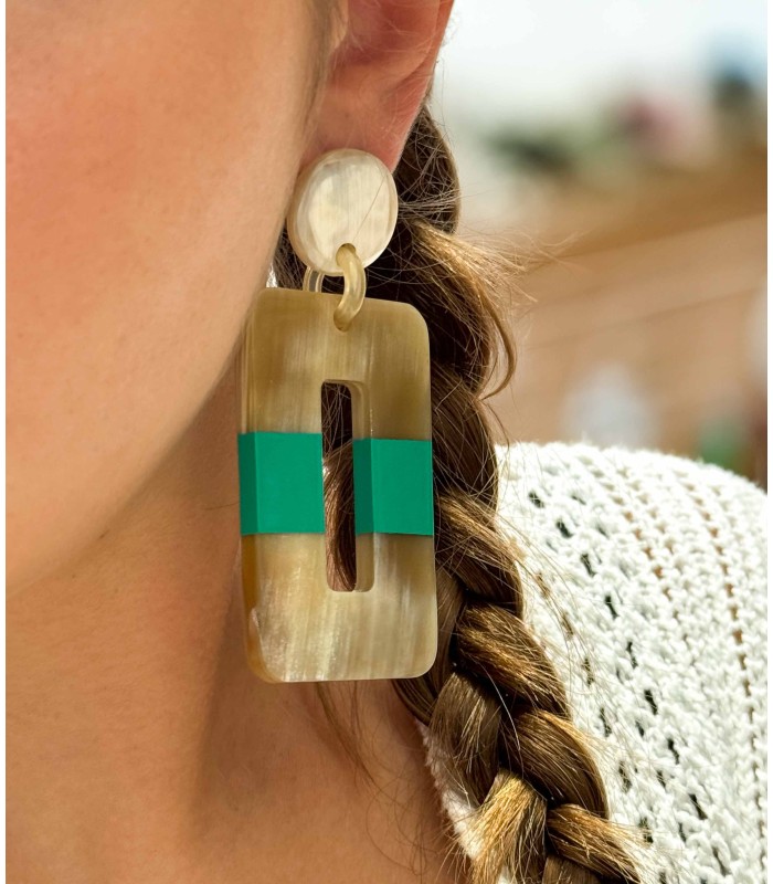 Boucles d'oreilles - corne naturelle - authentique - vert - rectangle - pendantes - actuel diffusion - grossiste